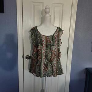 Free Hug Women M Sleeveless Paisley Red Green Gray Racerback Sheer Top Fall